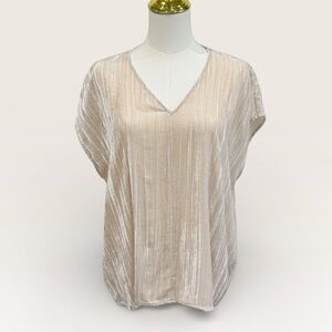 Eileen Fisher Almond Crushed Velvet V- Neck Boxy Square Top Cap Sleeve NWT $248